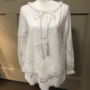 Sundance Catalog White Cotton Eyelet Embroidery Tunic Top Popover Blouse S 4-6